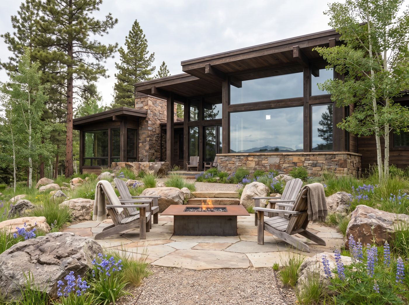 Flagstone Fire Table Patio with Adirondack Chairs