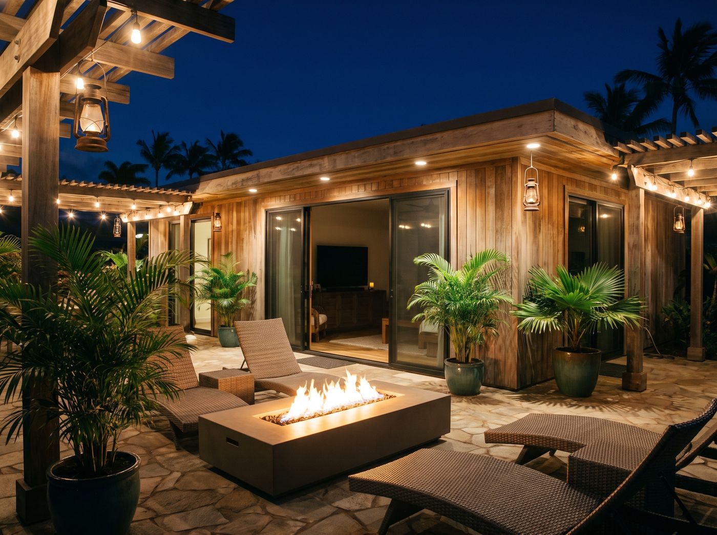 Flagstone Patio Fire Table with Potted Palms