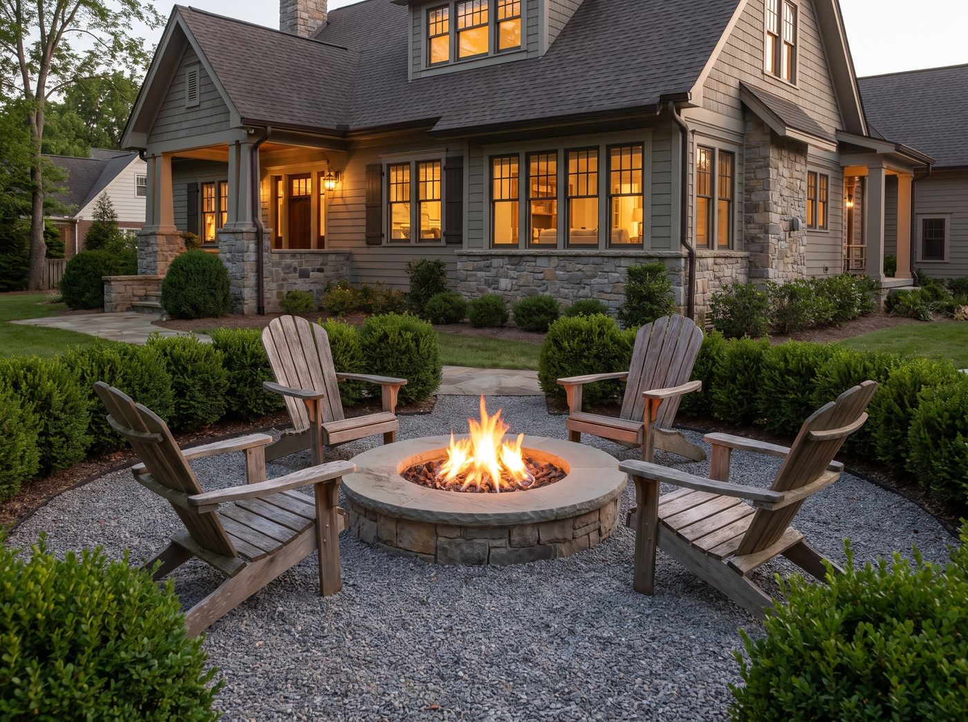 Gas Fire Pit Encircled by Adirondack Chairs