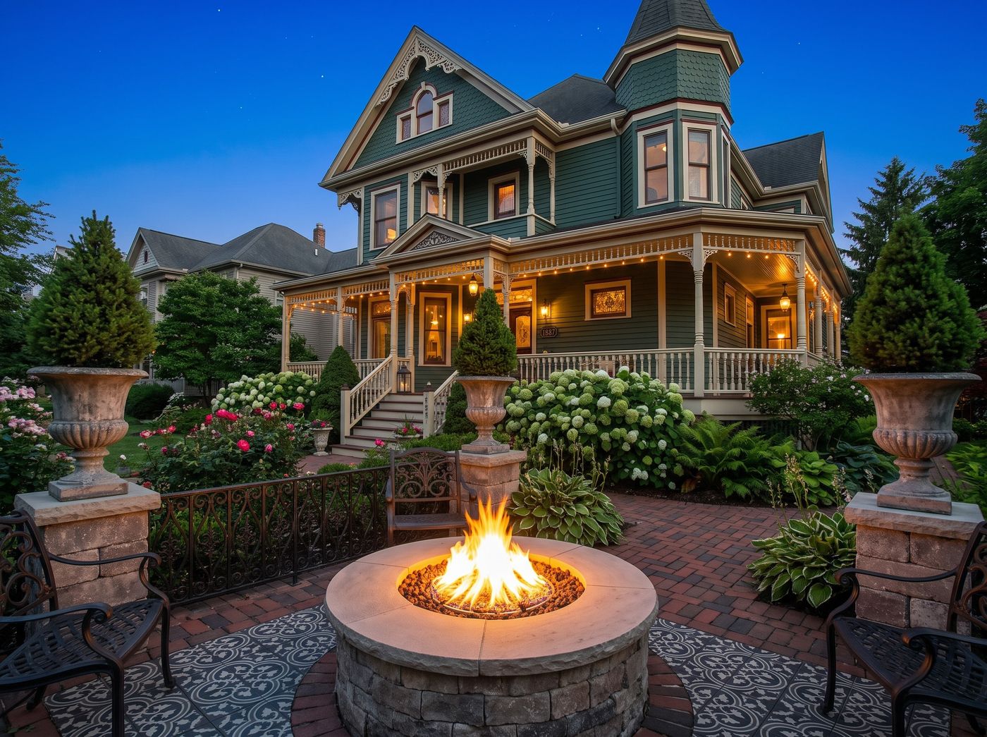Gas Fire Pit on Patterned Tile Patio