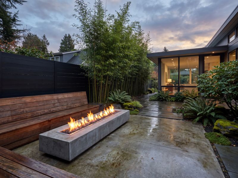Linear Fire Pit Beside an Ipe Bench