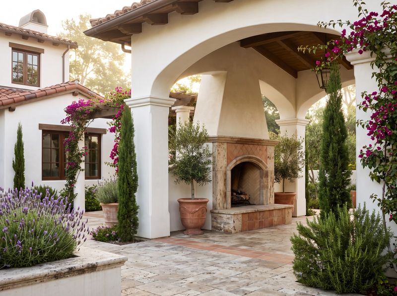 Outdoor Fireplace Beneath Covered Stucco Arches
