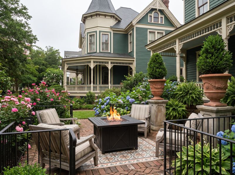 Patterned Tile Patio with Central Fire Table
