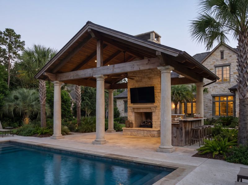 Poolside Pavilion with Stone Fireplace
