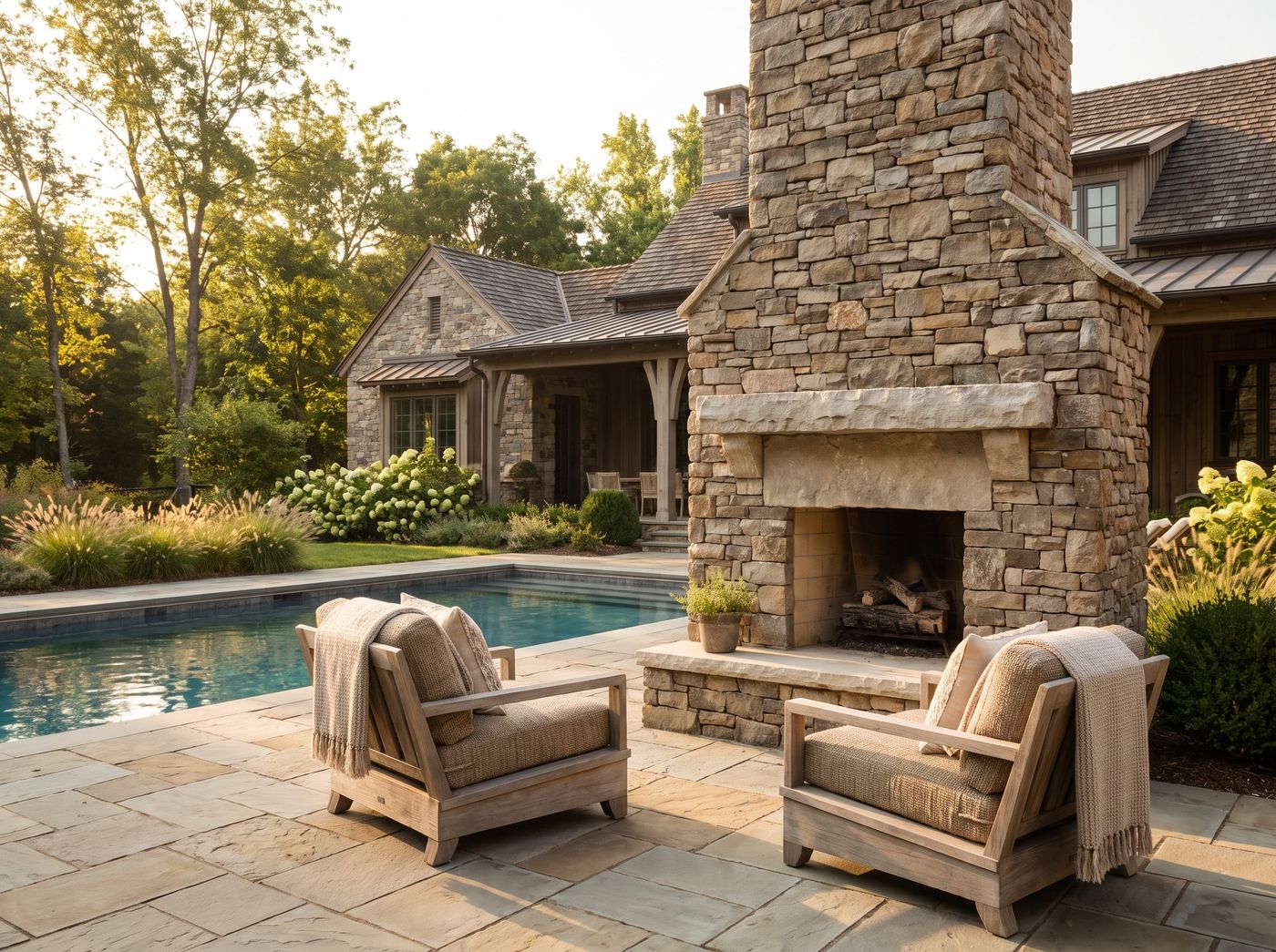 Poolside Stone Fireplace and Lounge Chairs