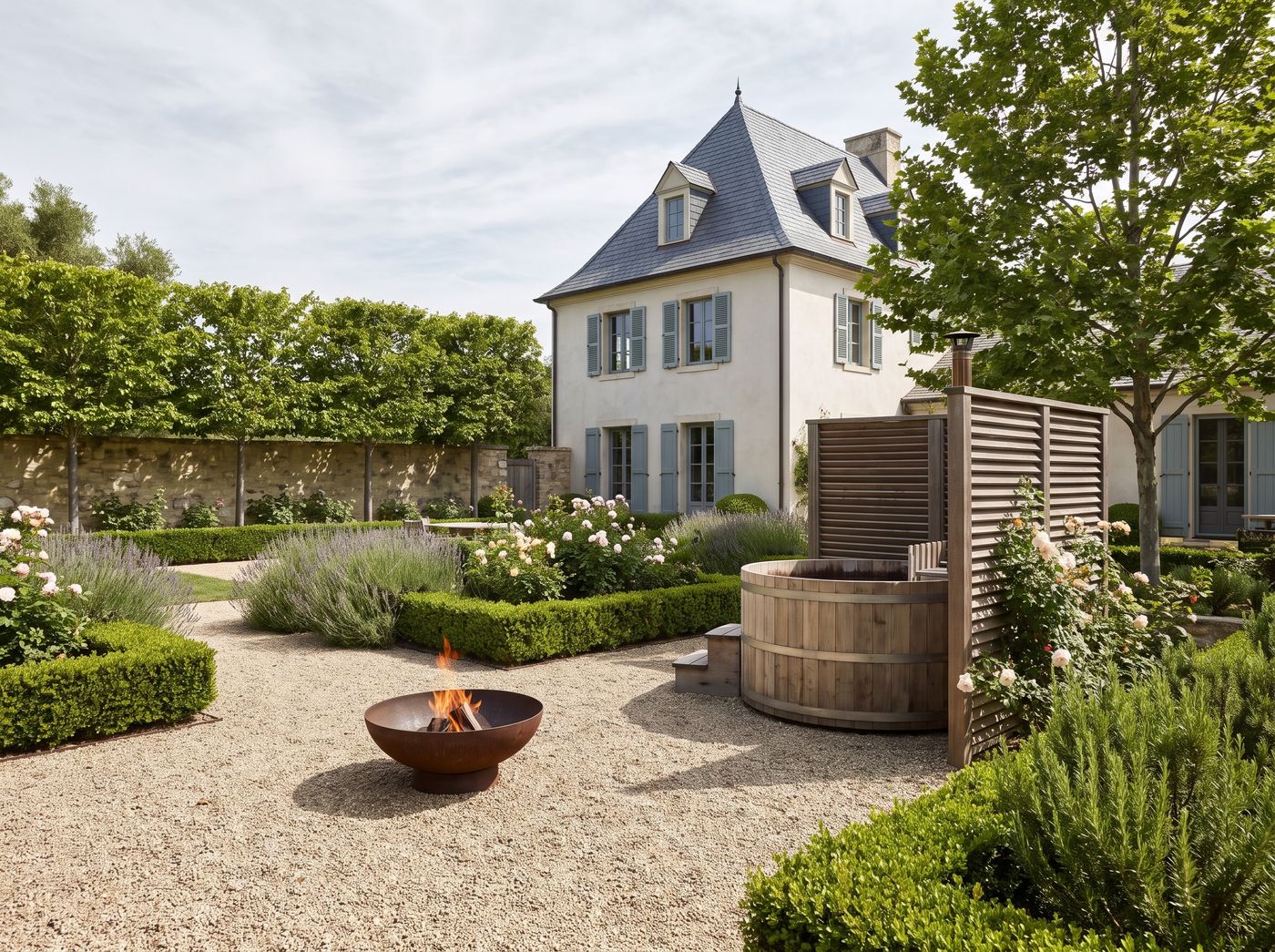 Provençal Courtyard with Hot Tub and Fire Bowl