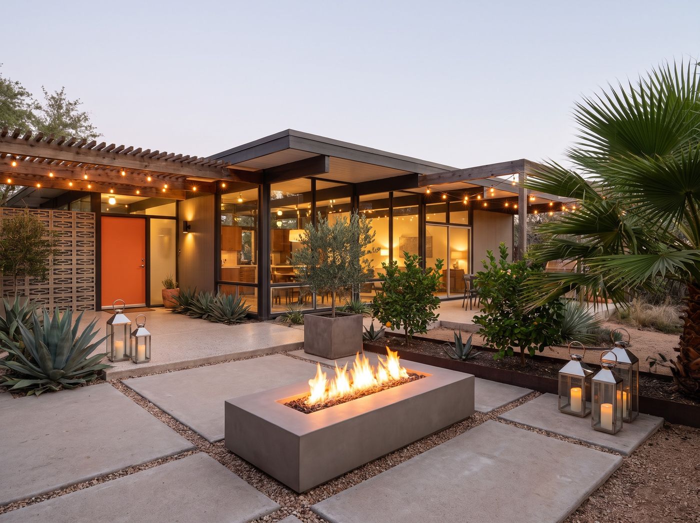 Rectangular Gas Fire Pit on Concrete Patio