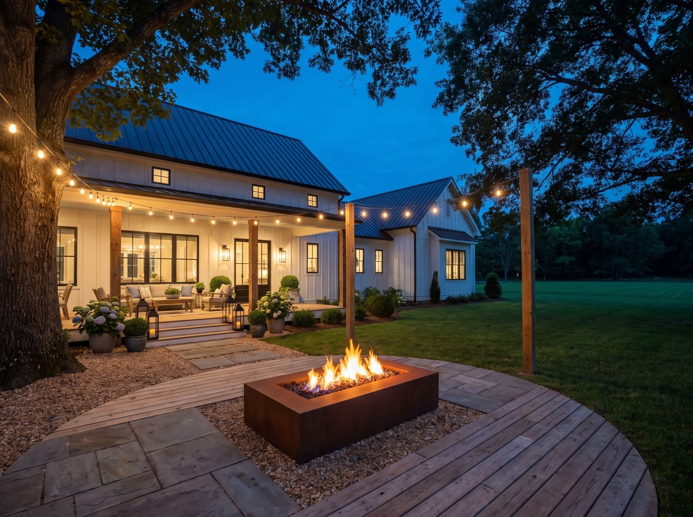 Rectangular Gas Fire Pit on Flagstone Patio