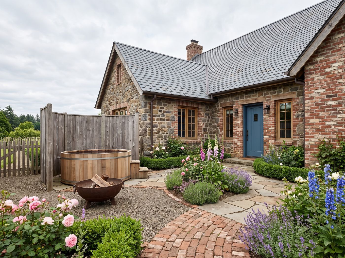 Round Cedar Hot Tub Beside Fire Bowl