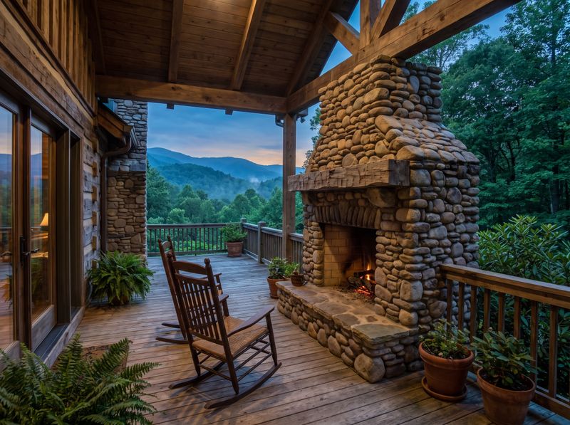 Rustic Covered Porch with Stone Hearth