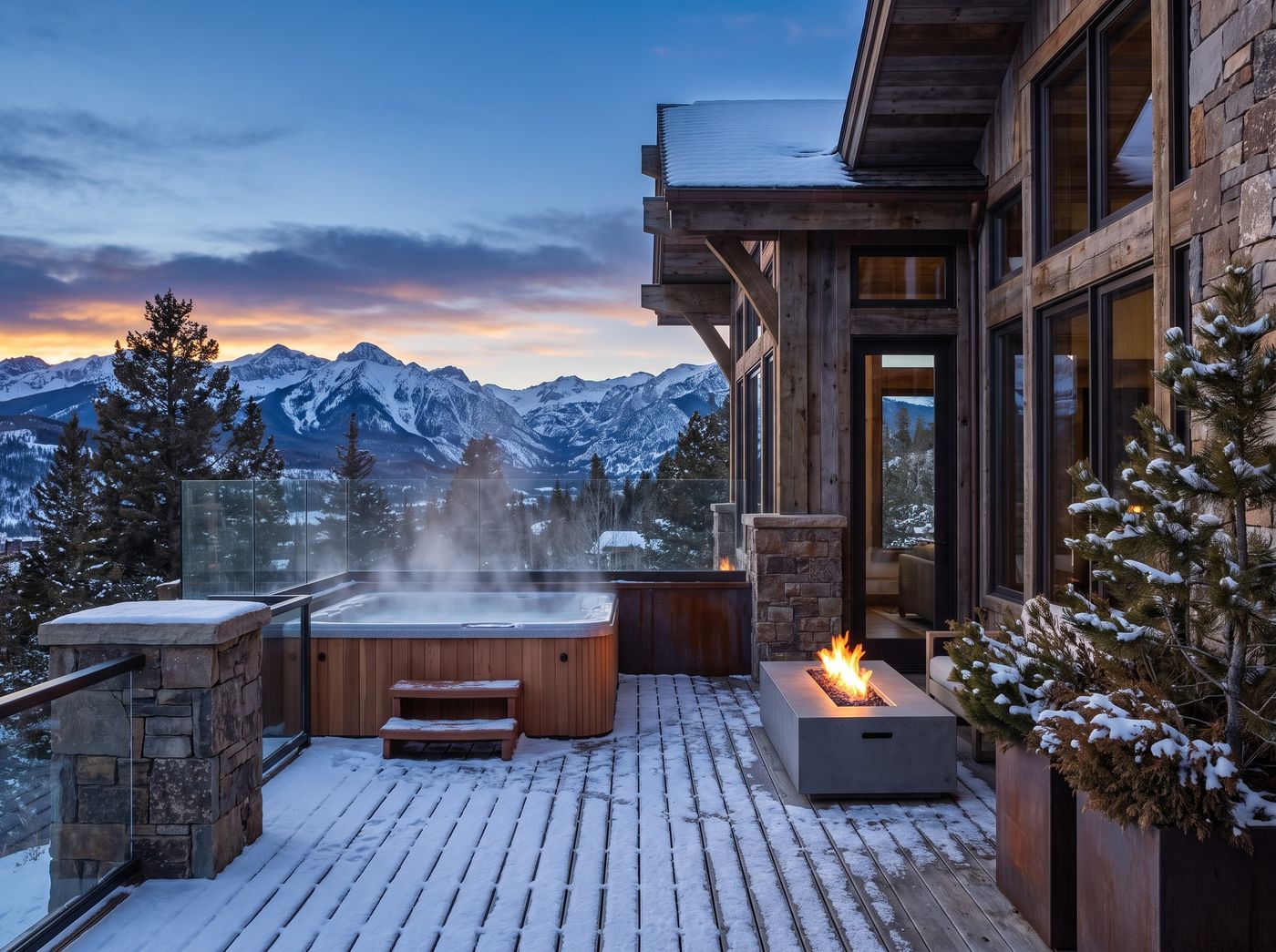 Snowy Timber Deck with Steaming Hot Tub