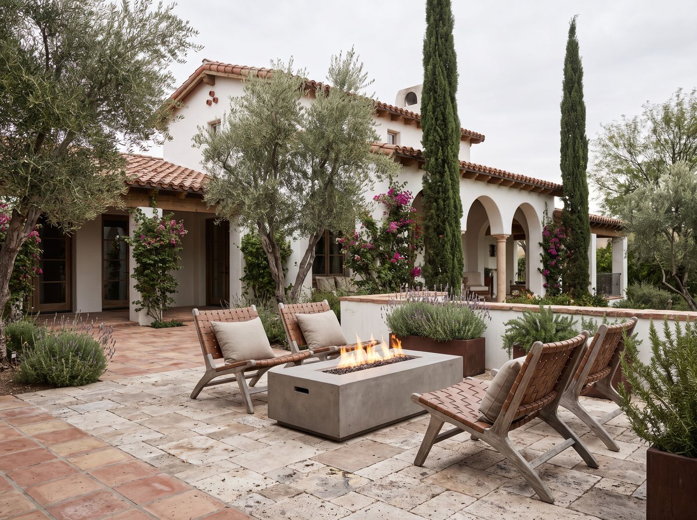 Spanish Revival Courtyard with Fire Table
