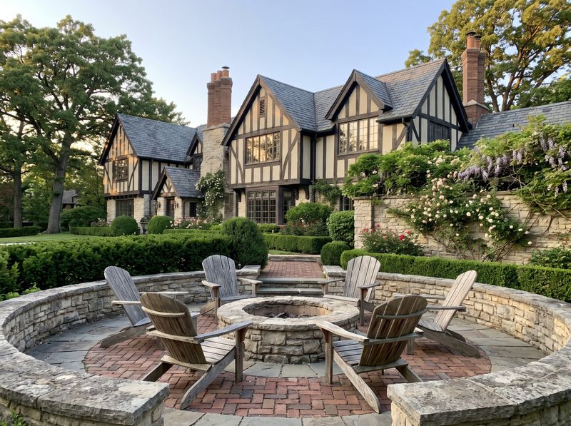 Stone Fire Pit Terrace Facing Tudor Residence