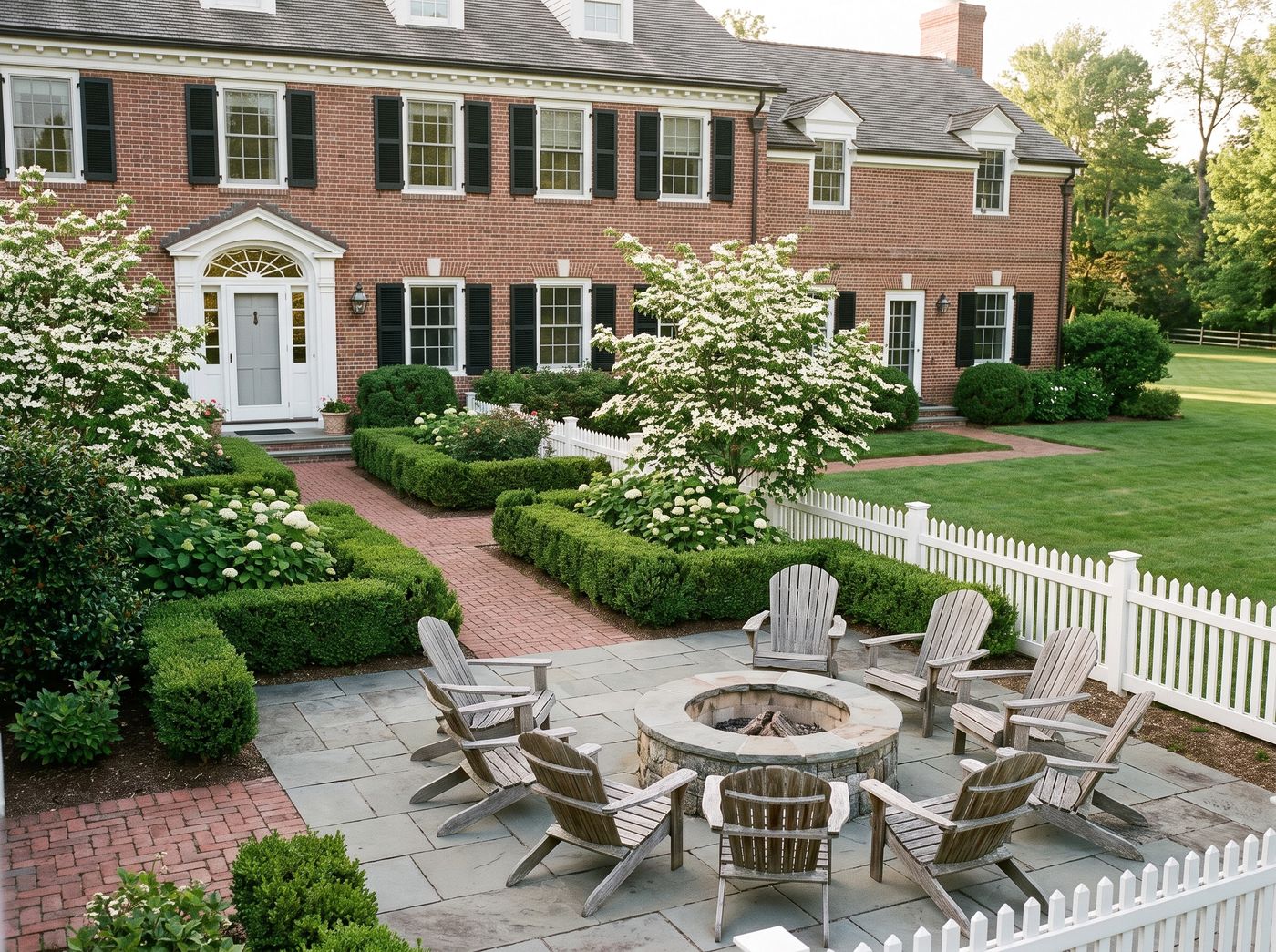 Stone Fire Pit Terrace with Adirondack Chairs