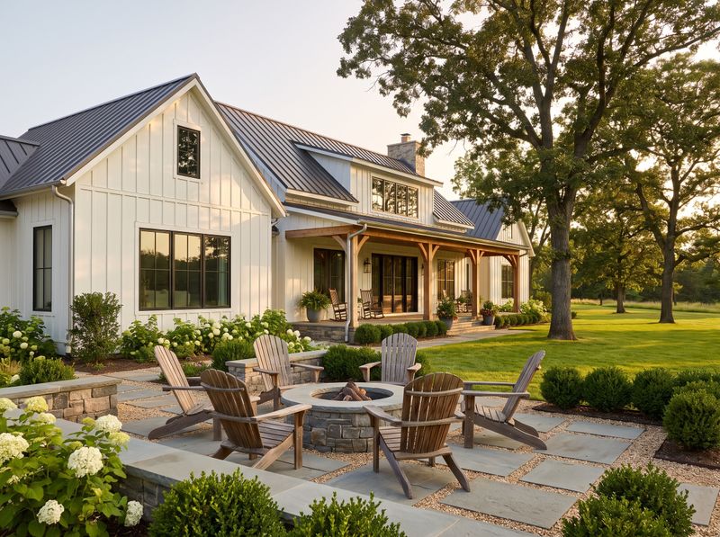 Stone Fire Pit with Adirondack Chairs