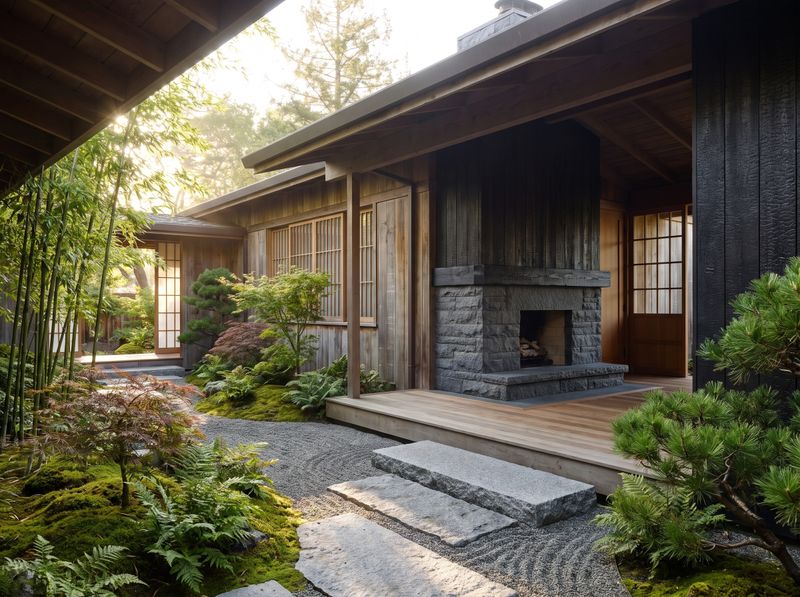 Stone Outdoor Fireplace Beside Zen Garden