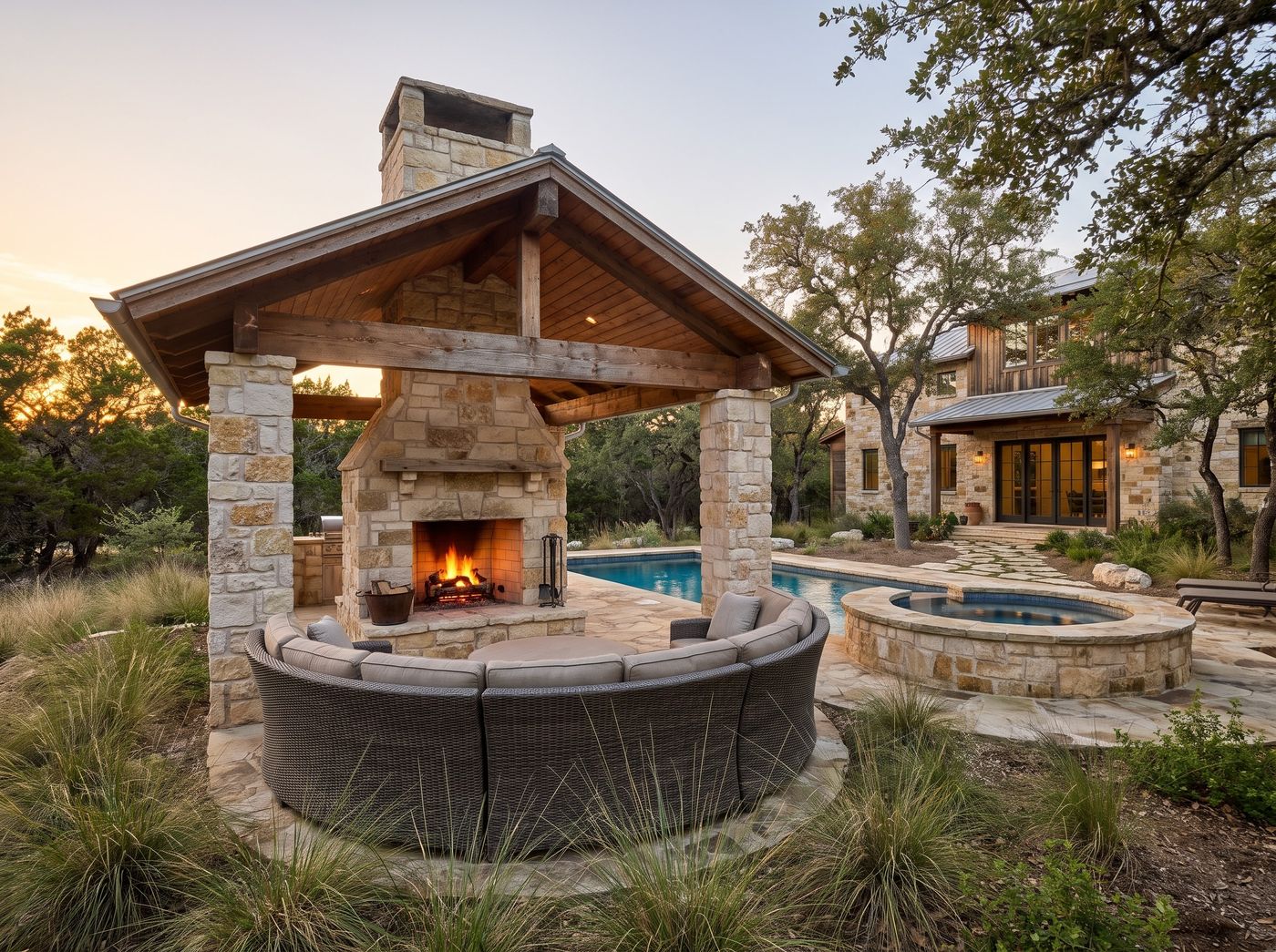 Stone Pavilion with Built-in Outdoor Fireplace