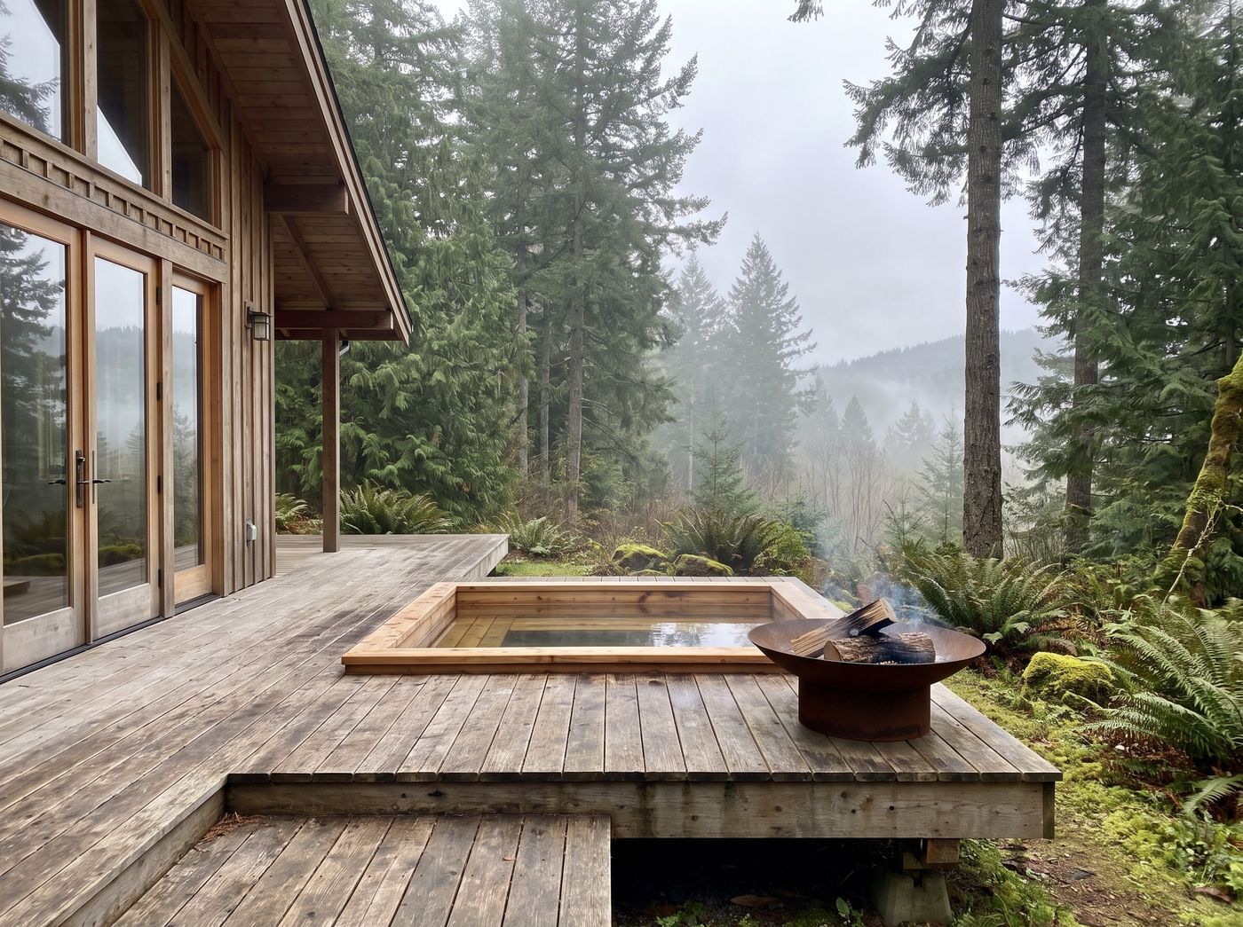 Sunken Cedar Hot Tub with Fire Bowl