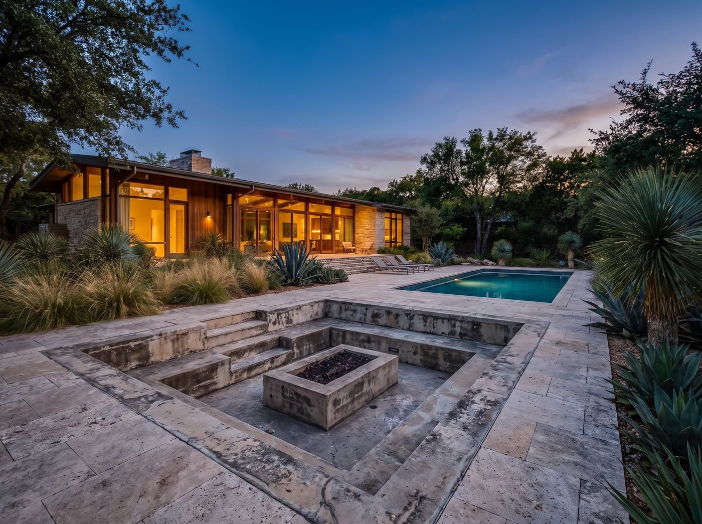 Sunken Concrete Fire Pit Beside Pool