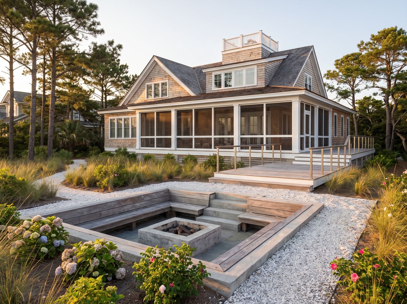 Sunken Concrete Fire Pit with Built-in Benches