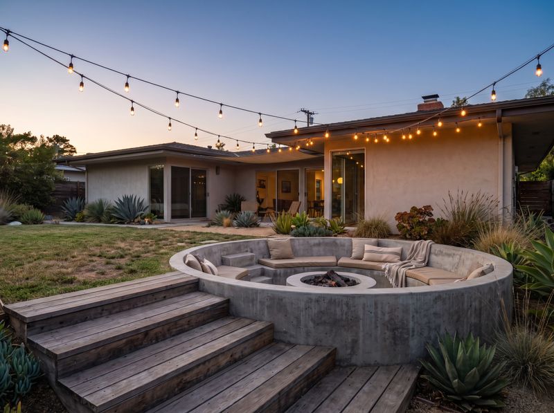 Sunken Concrete Fire Pit with Built-In Benches