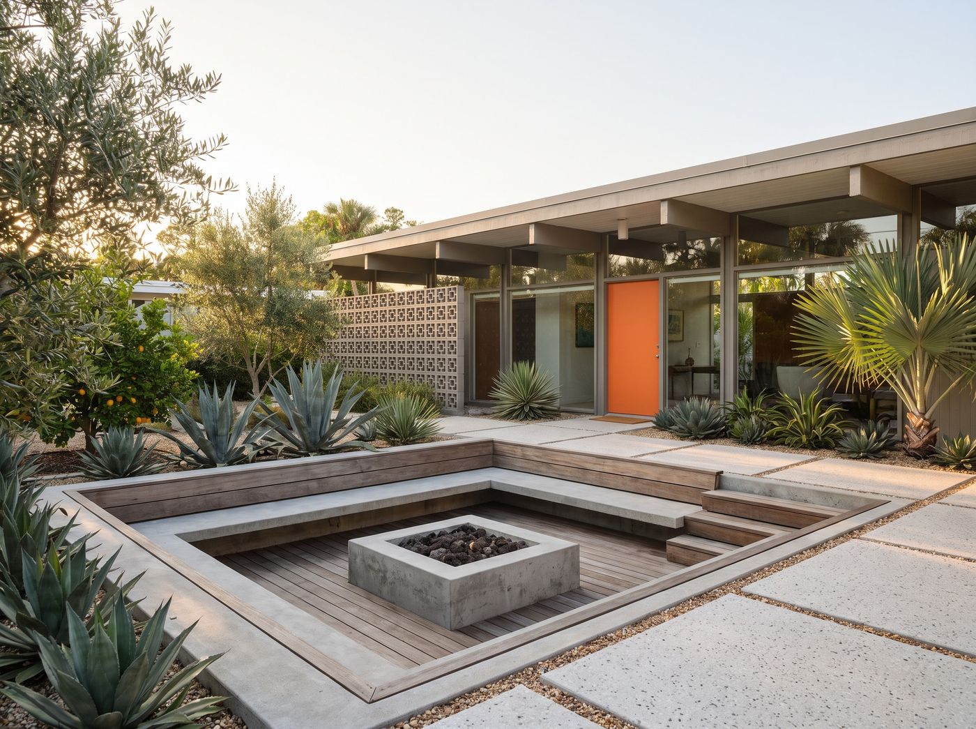Sunken Fire Pit with Built-In Benches
