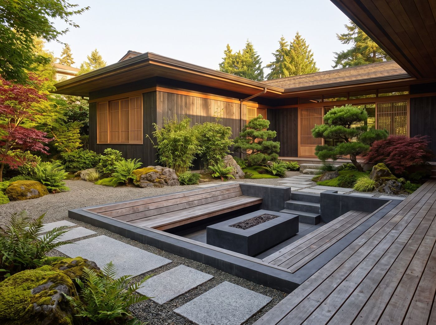Sunken Fire Pit with Built-In Benches
