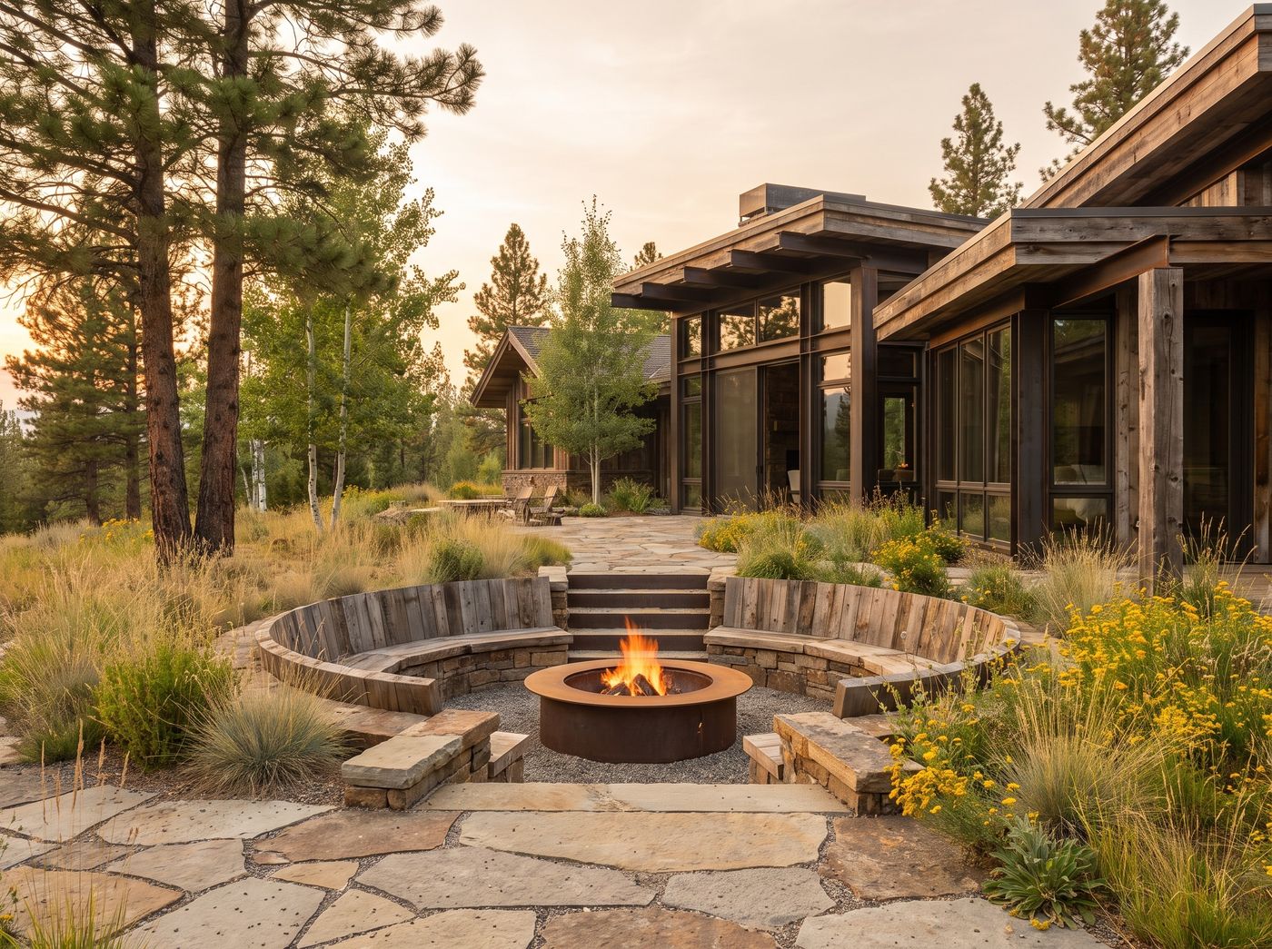 Sunken Fire Pit with Built-In Benches