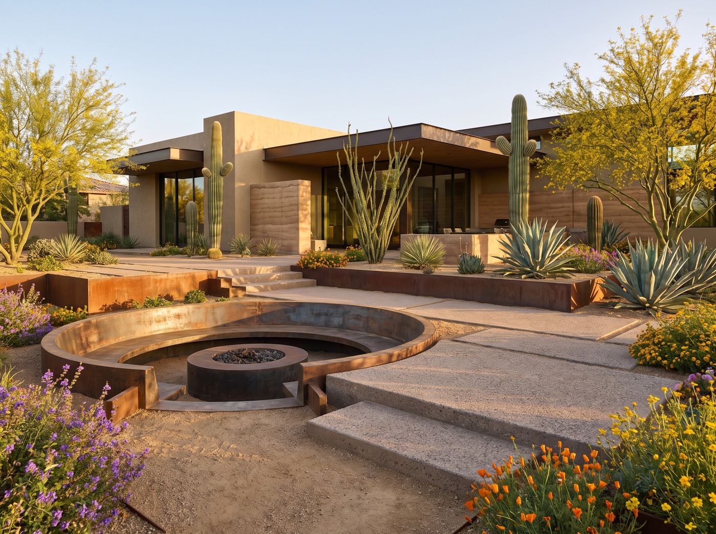 Sunken Fire Pit with Steel Benches