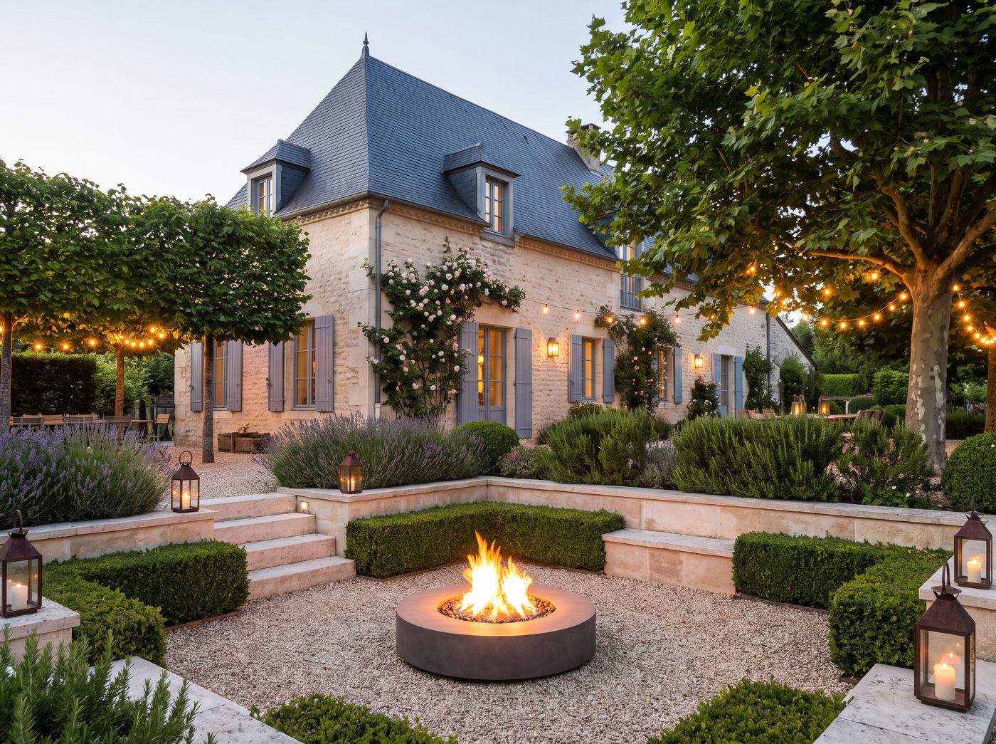 Sunken Limestone Lounge with Gas Fire Pit