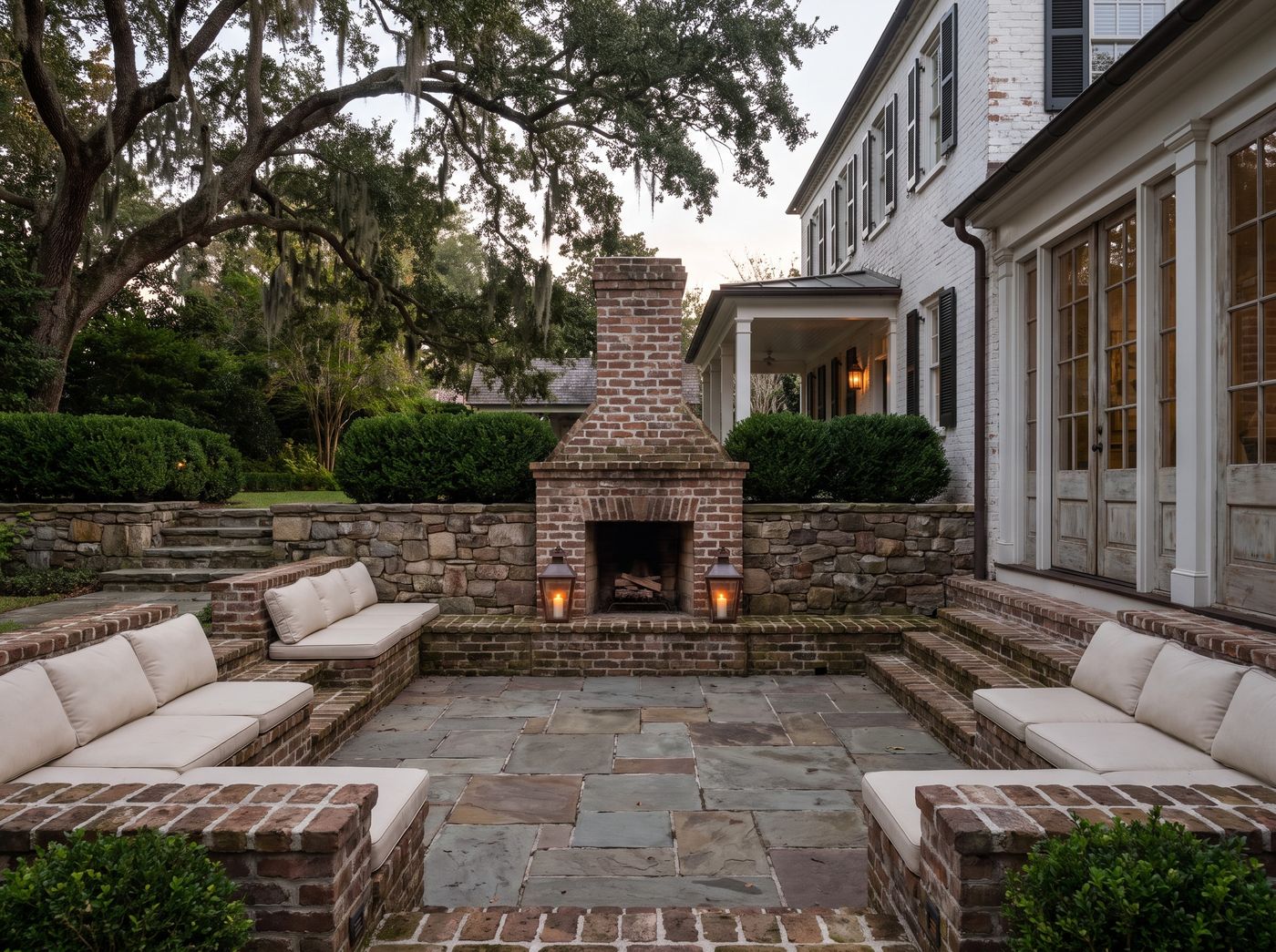 Sunken Patio with Brick Outdoor Fireplace