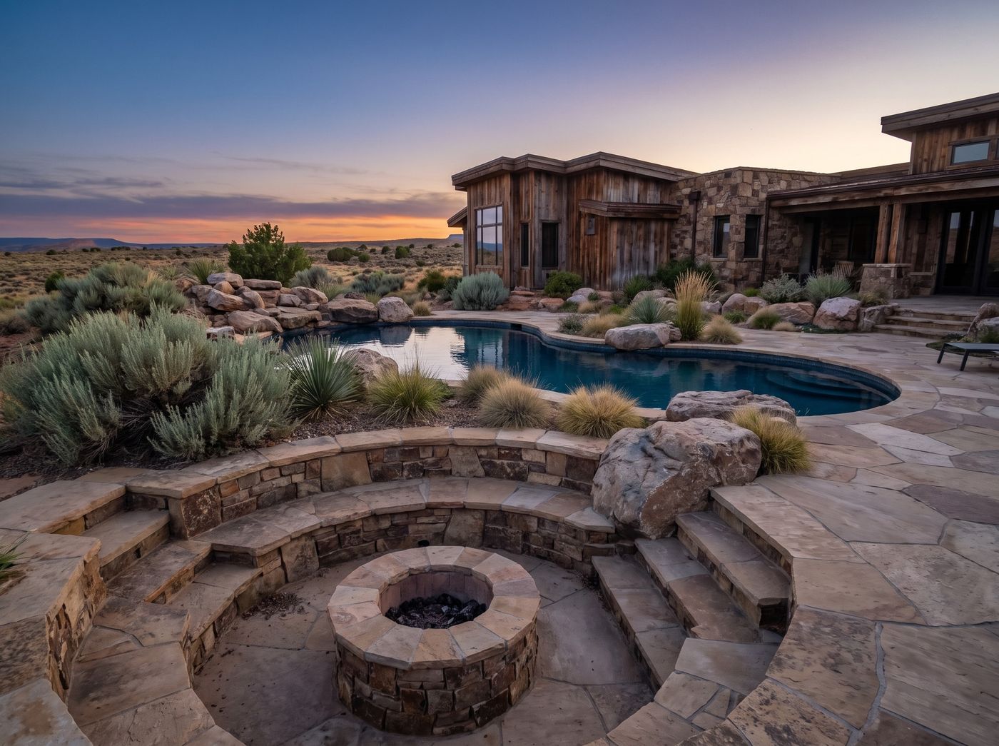 Sunken Stone Fire Pit by Pool