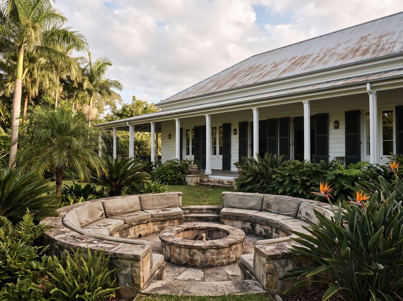 Sunken Stone Fire Pit Framed by Palms