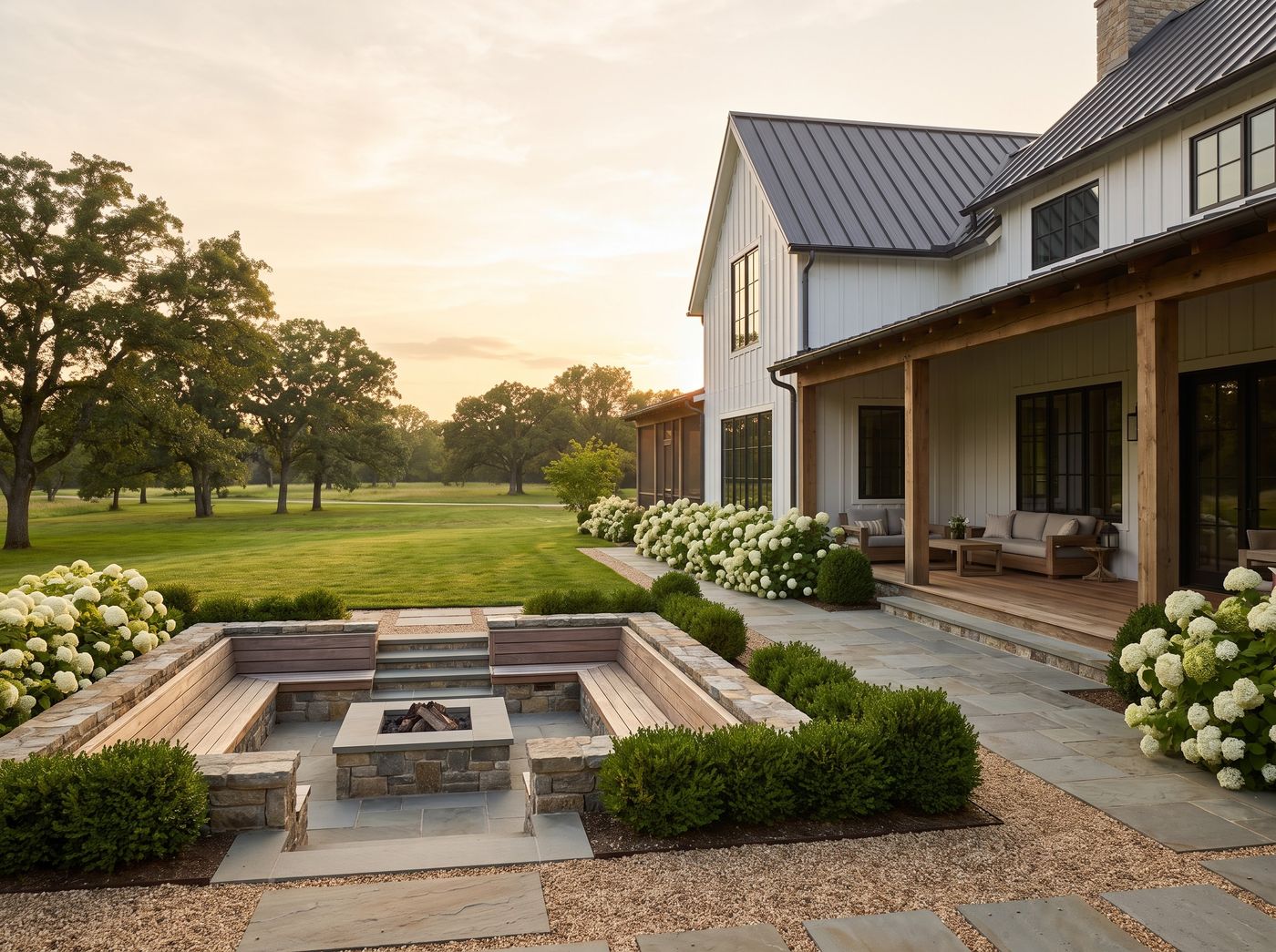 Sunken Stone Fire Pit with Built-in Benches