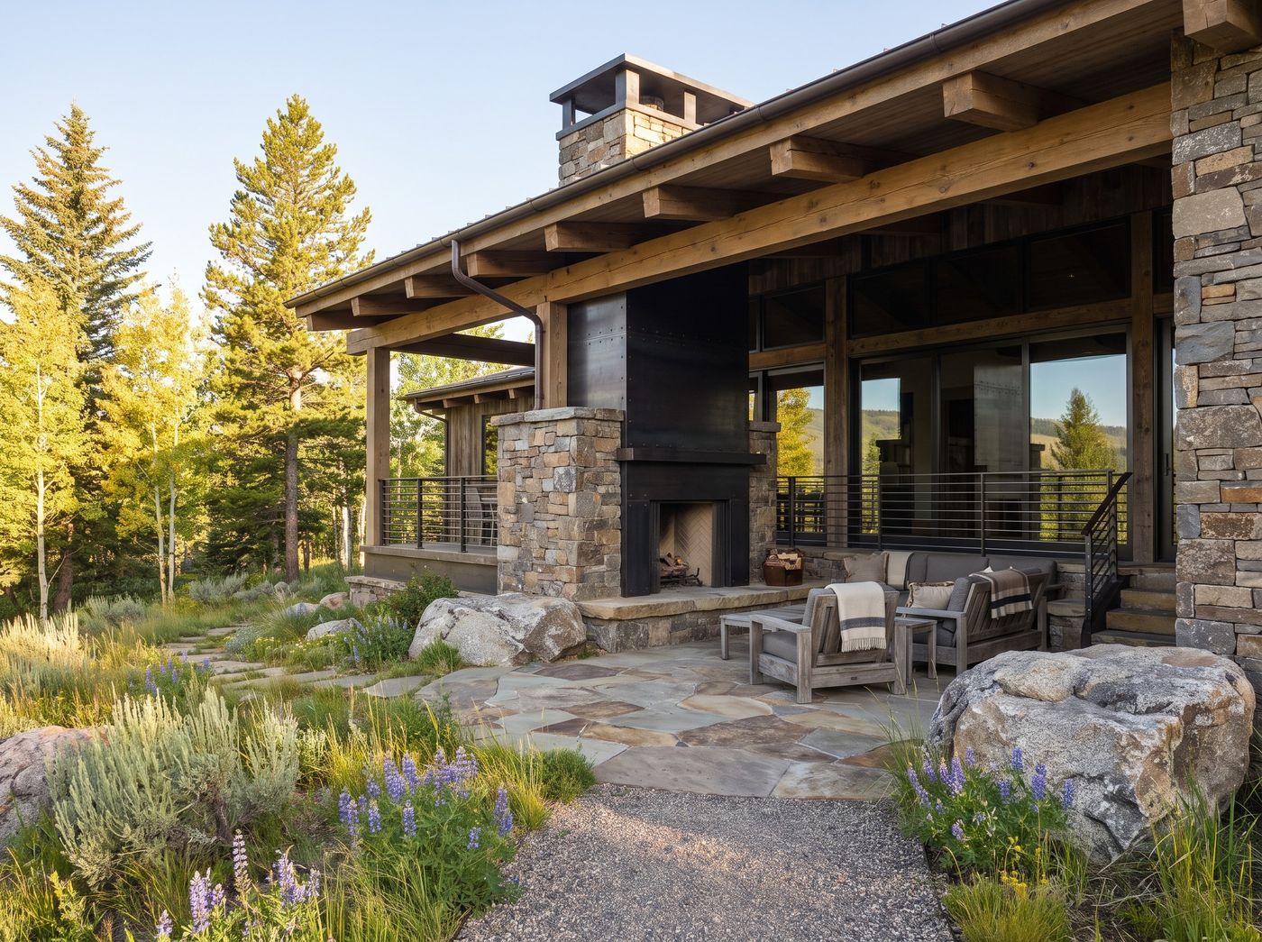 Timber Covered Patio with Stone Fireplace