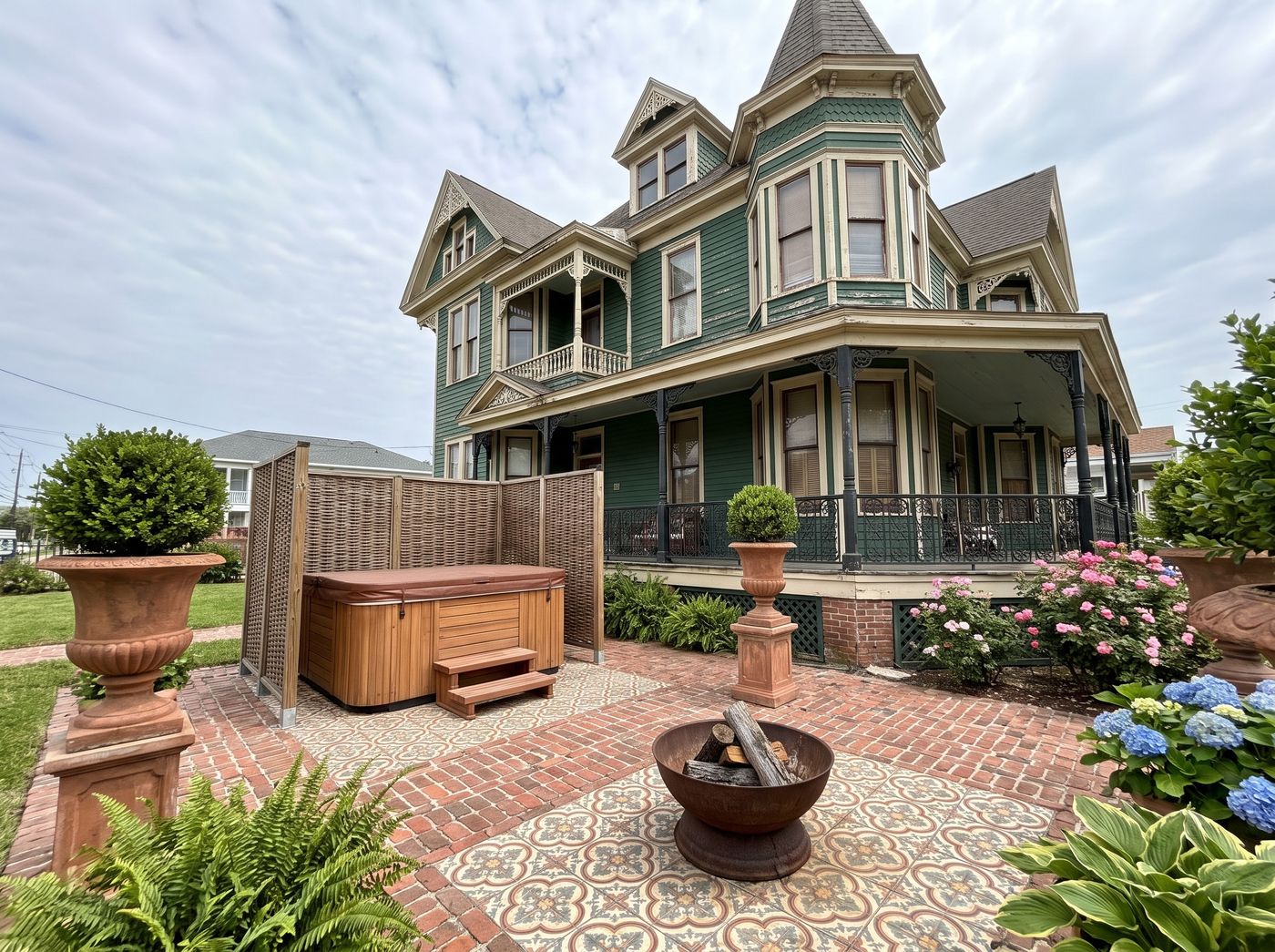Victorian Brick Patio with Fire Bowl