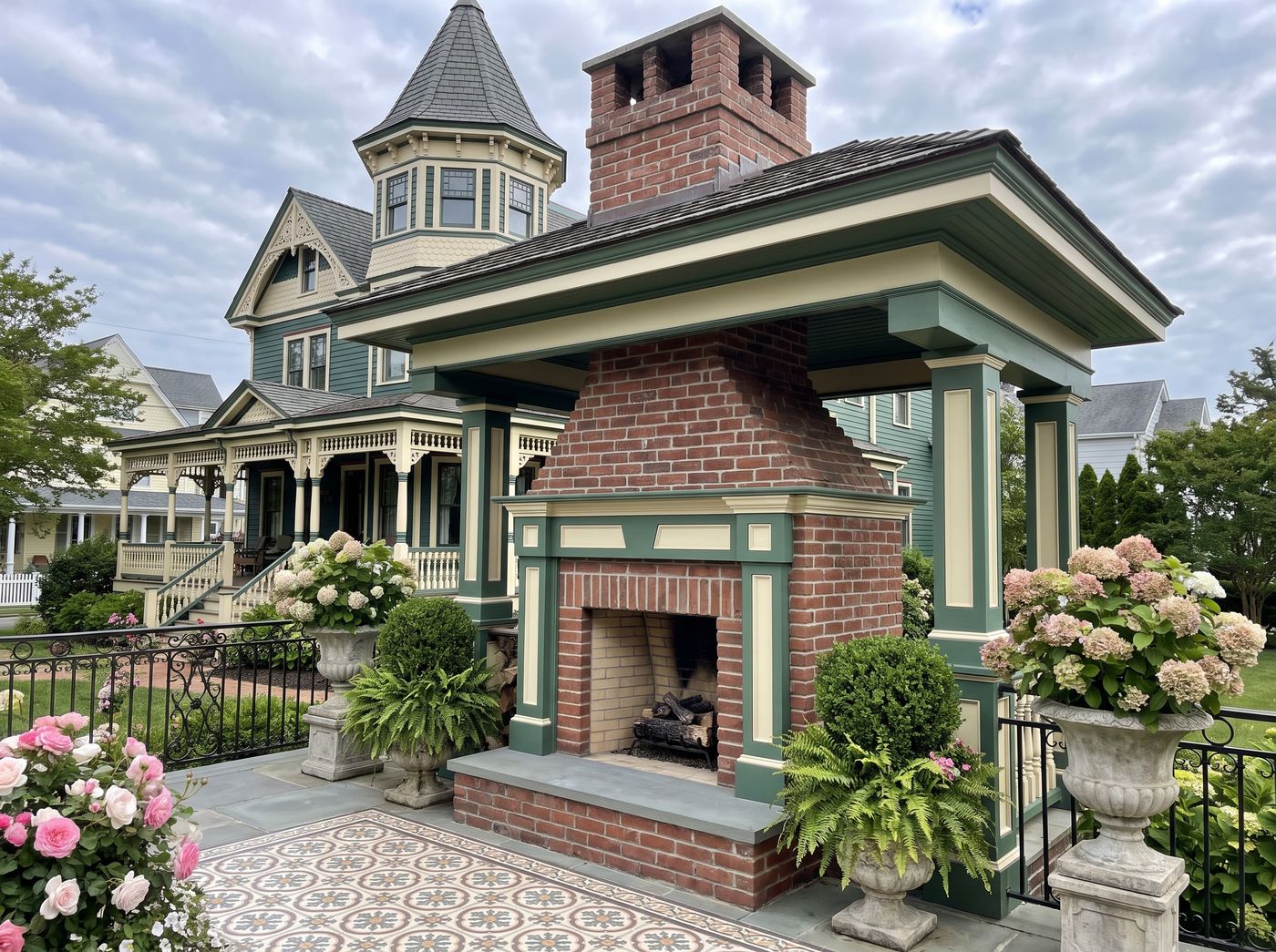 Victorian Pavilion with Brick Outdoor Fireplace