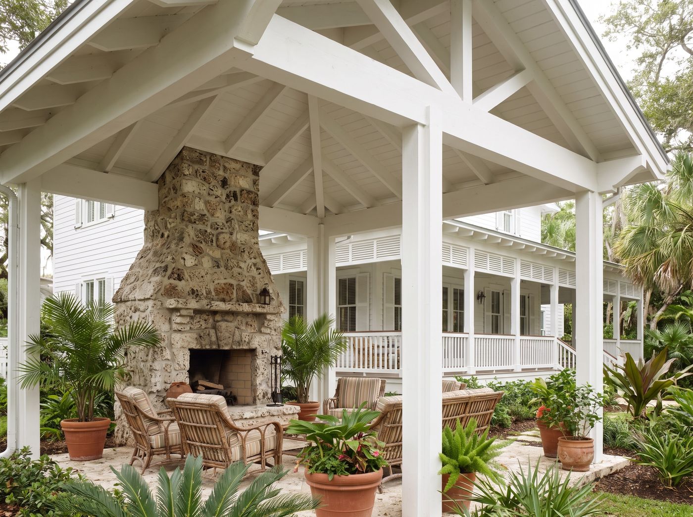 White Timber Pavilion with Stone Fireplace