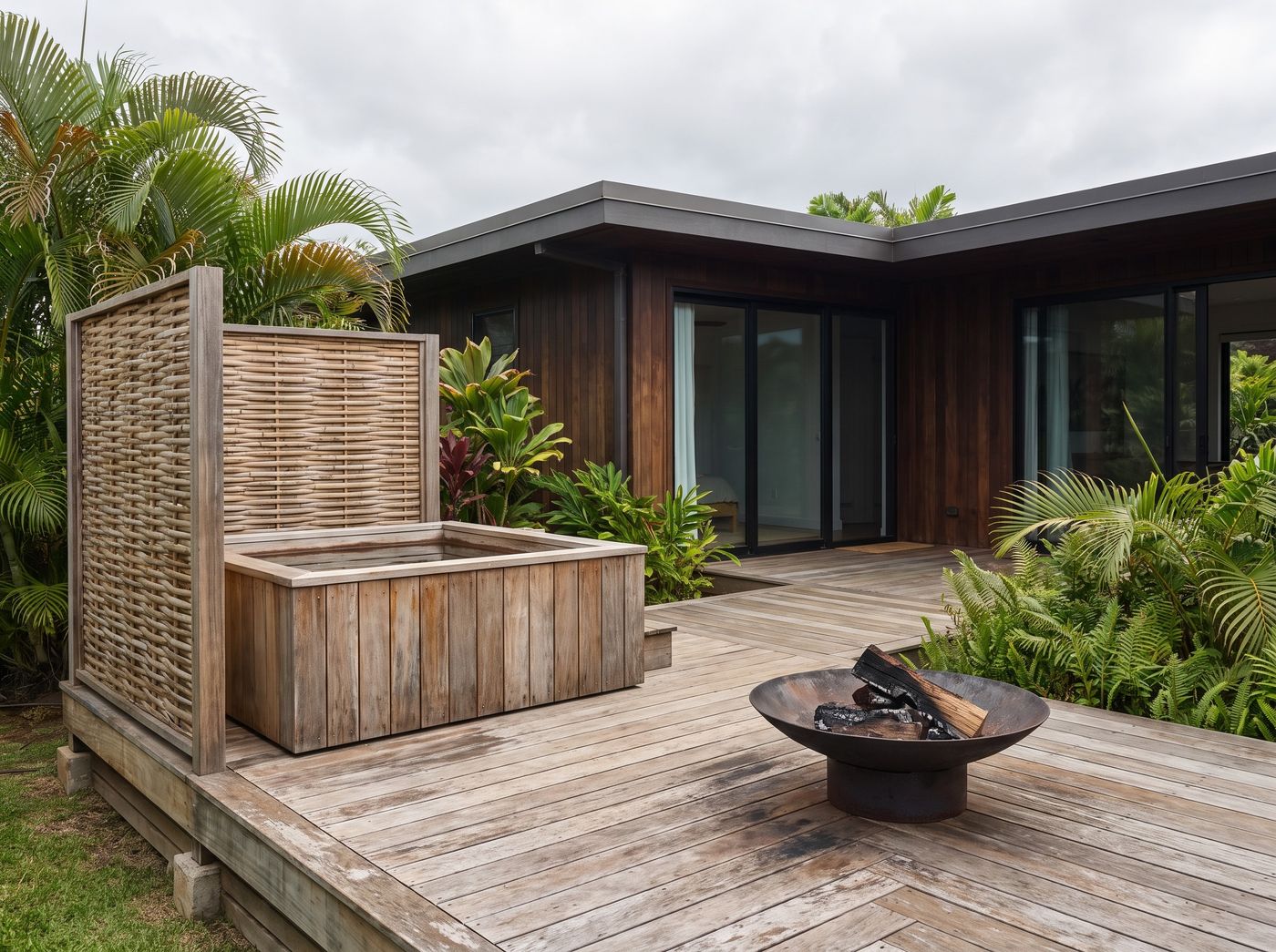 Wooden Soaking Tub and Fire Bowl