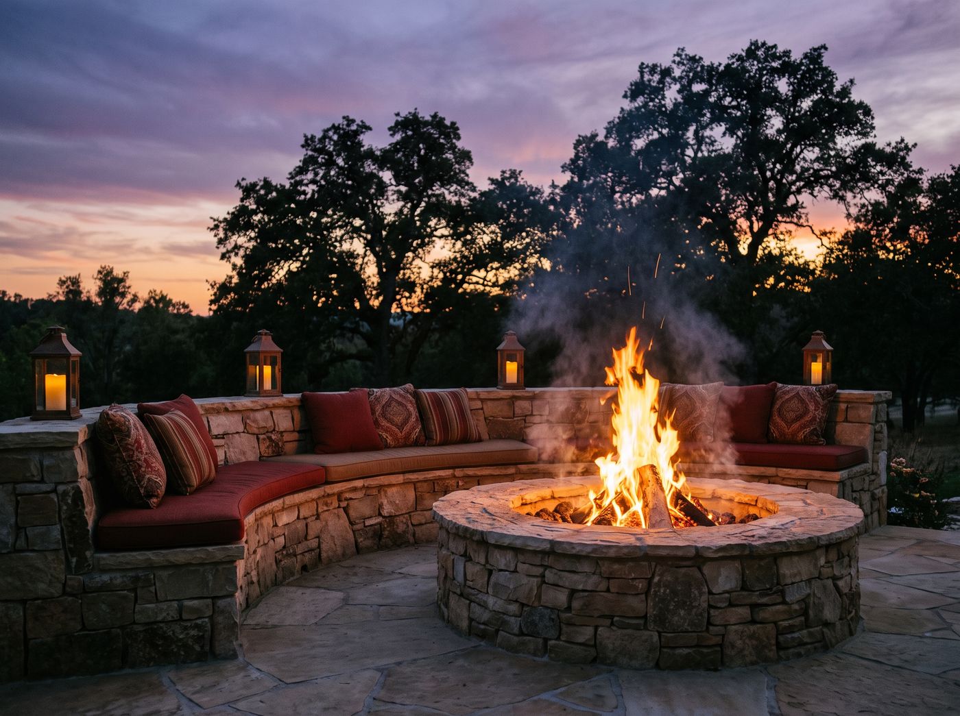 Curved Stone Bench Fire Pit Retreat