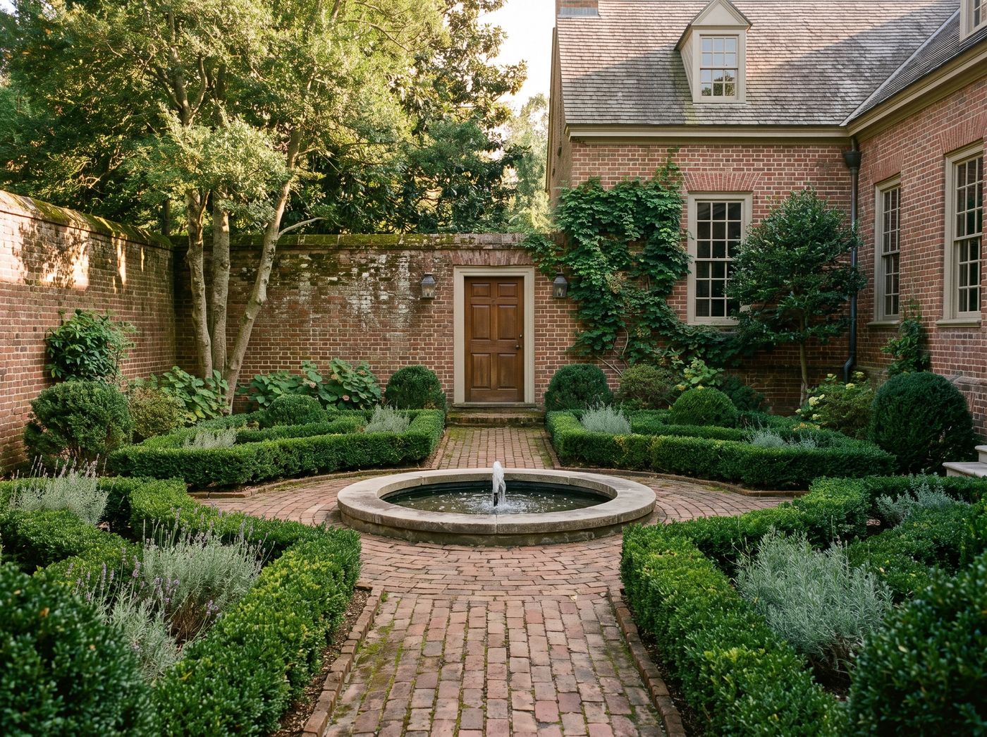 Circular Stone Fountain in Walled Courtyard