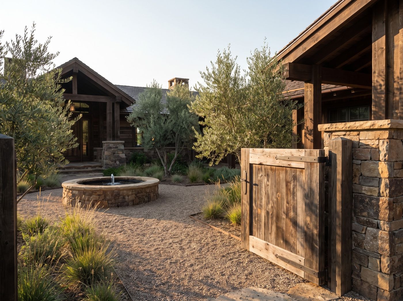 Gravel Courtyard with Circular Stone Fountain