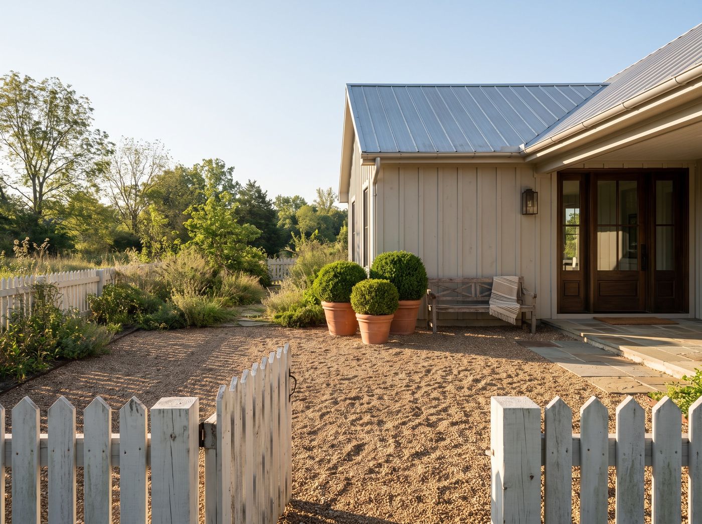 Gravel Courtyard with Potted Boxwood