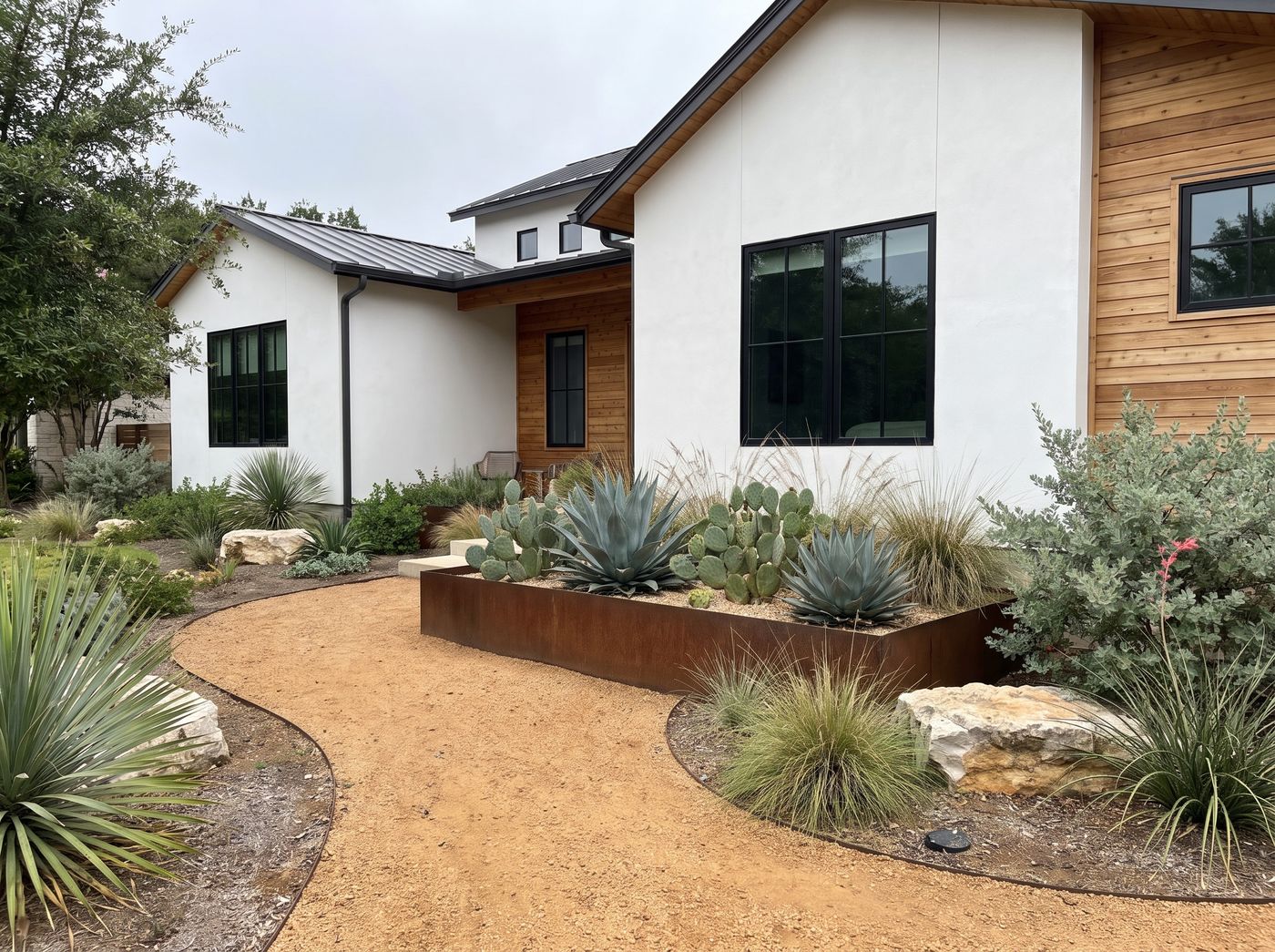 Gravel Walkway Beside Weathered Steel Planter