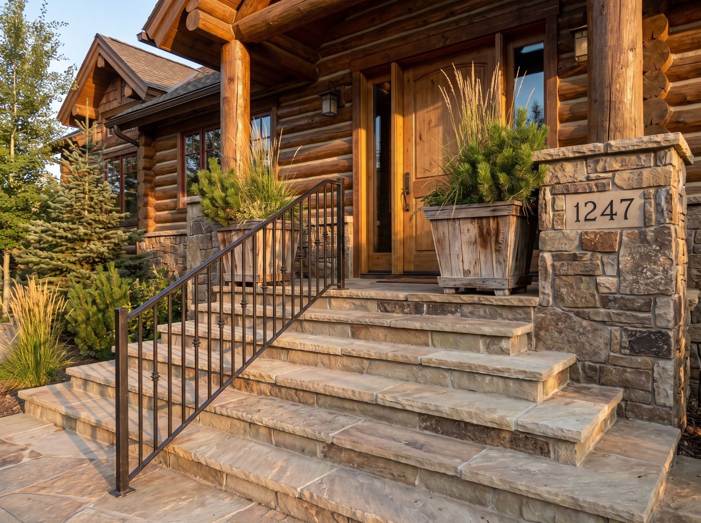 Log Cabin Entry with Stone Steps