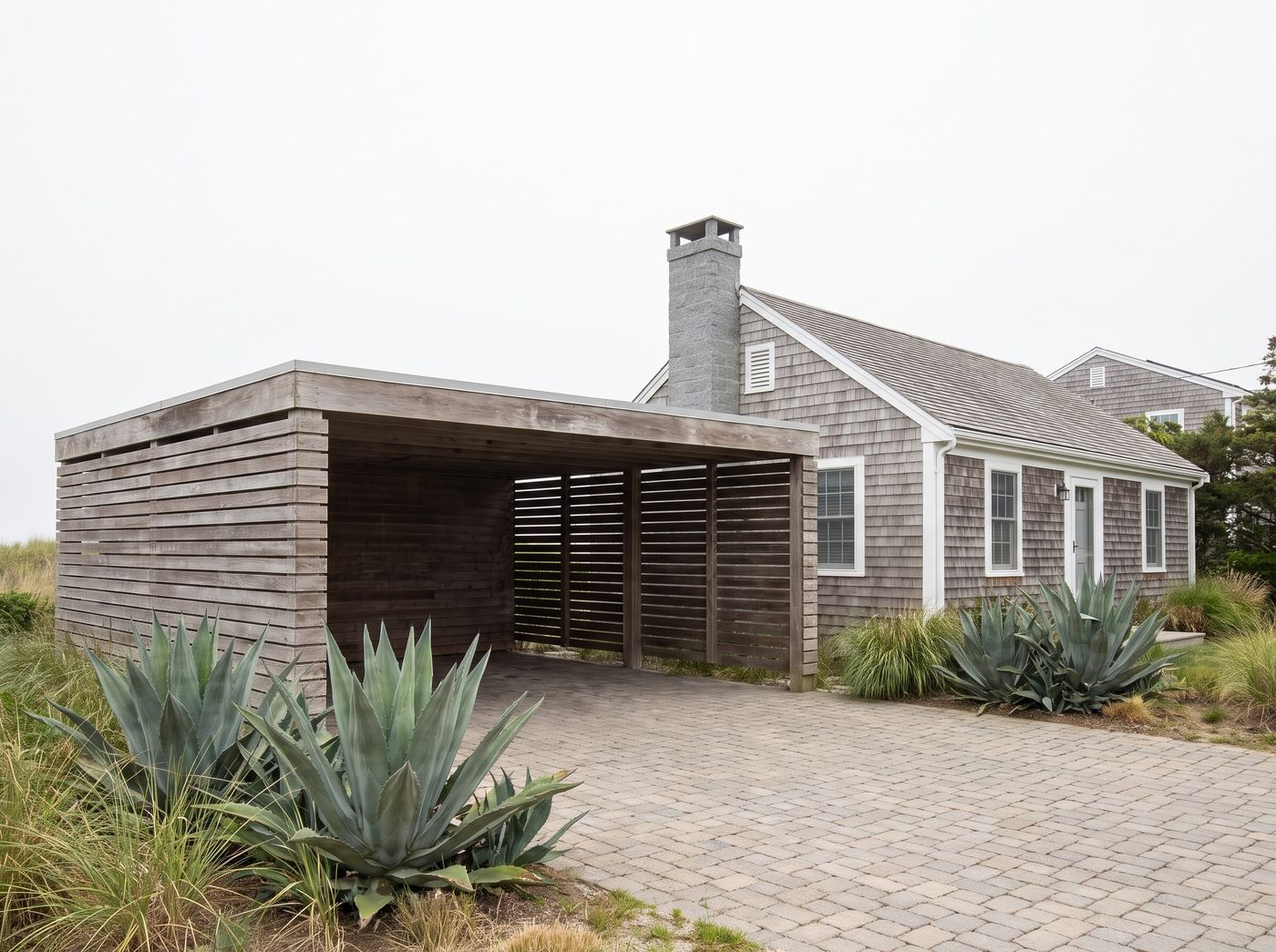 Slatted Cedar Carport on Paver Driveway