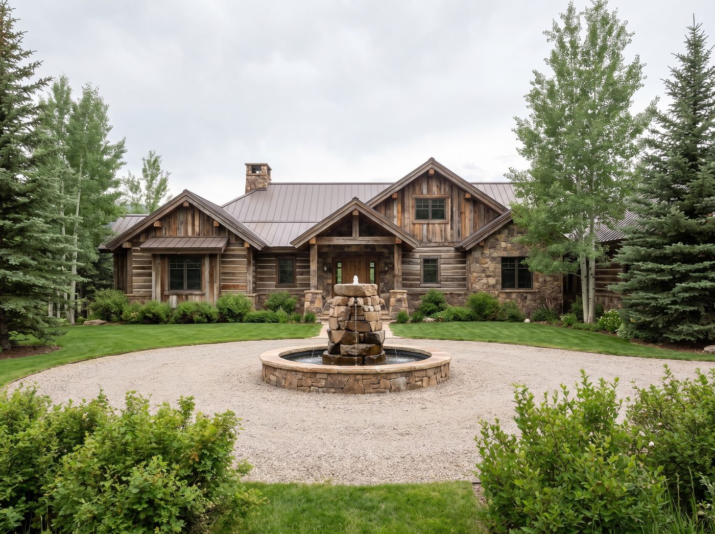 Stone Fountain Anchoring a Circular Driveway