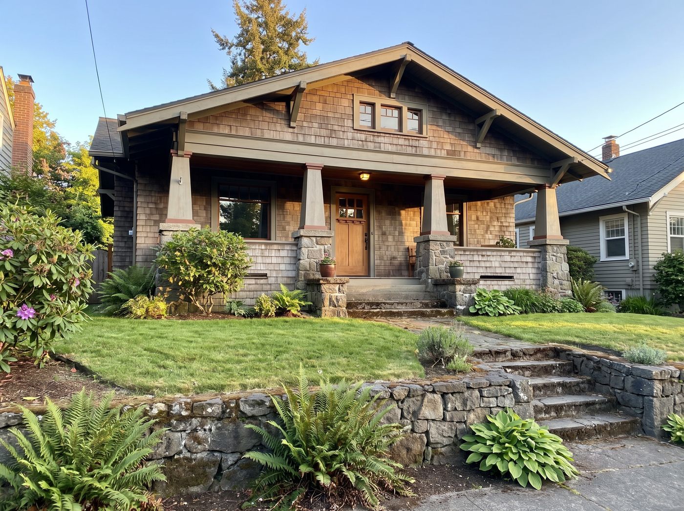 Tiered Stone Steps to Shingled Bungalow