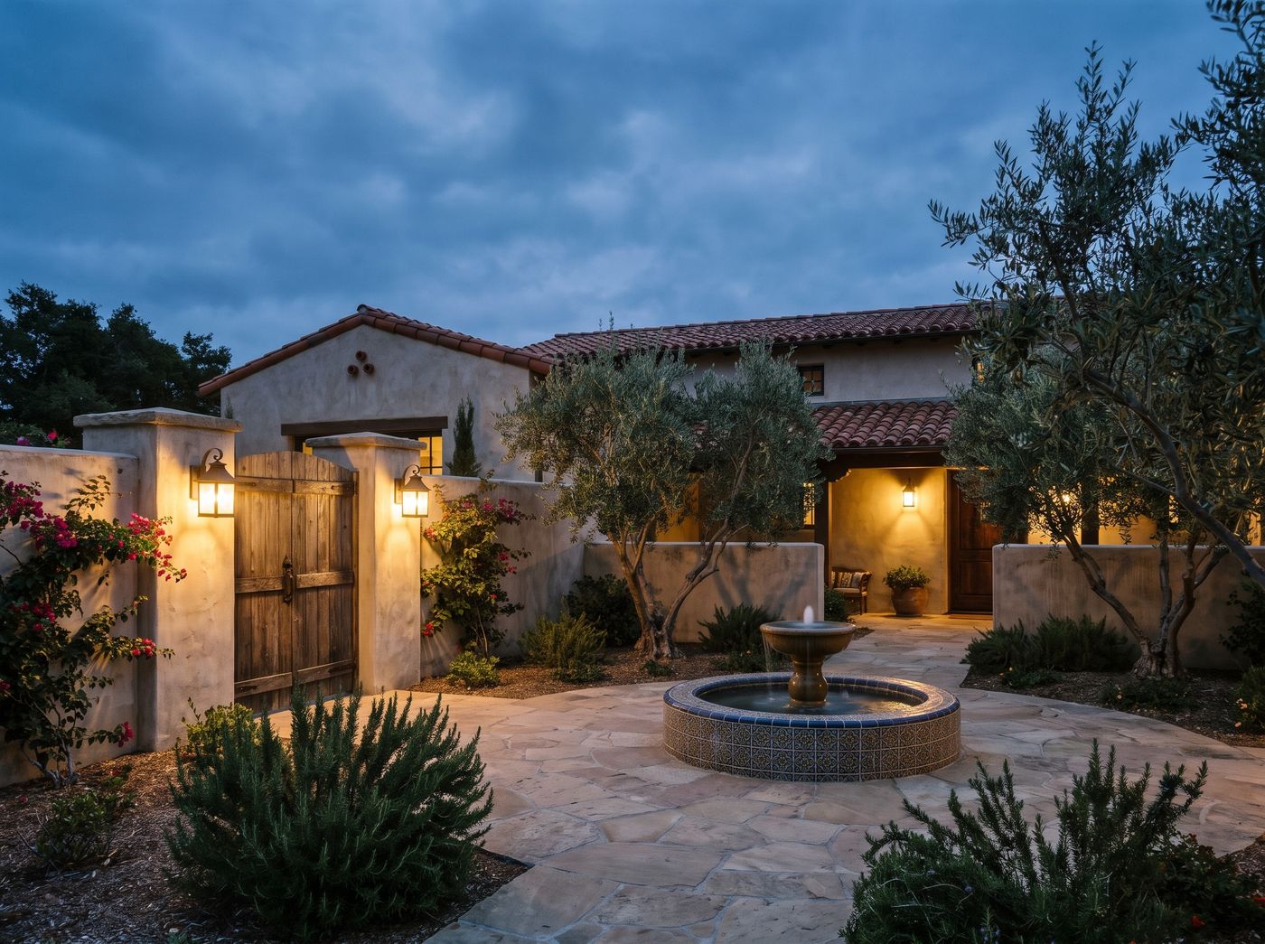 Walled Mediterranean Courtyard with Tiled Fountain