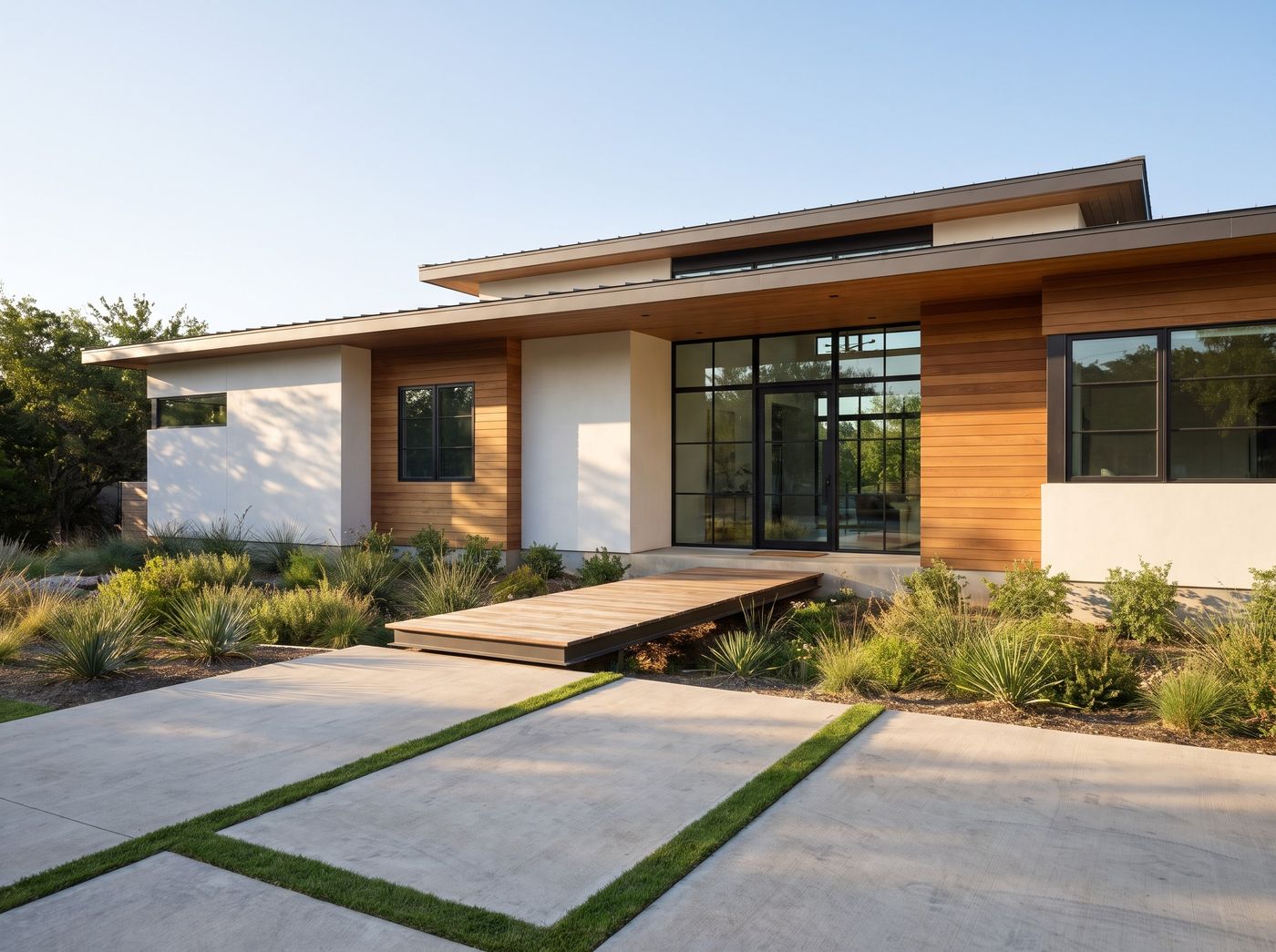 Wood Entry Bridge Across Concrete Driveway